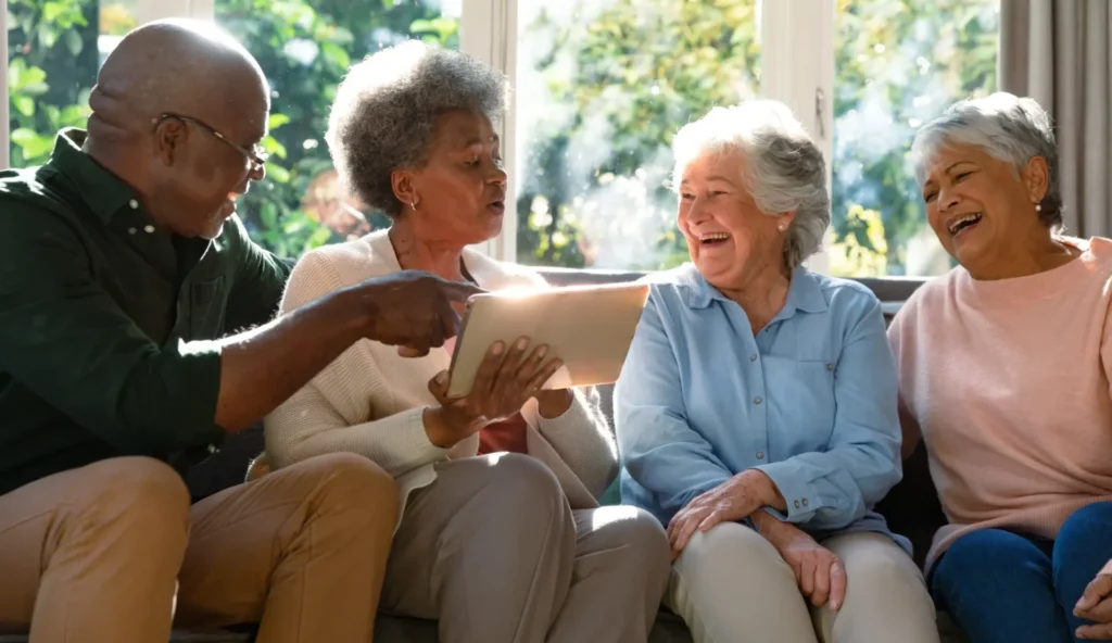 A group of four elderly friends enjoys a joyful moment together in a bright living room. They are seated on a couch, engaged in a lively discussion while looking at a tablet. The man in the green shirt is pointing at the screen, while the woman holding the tablet appears to be explaining something. The other two women are laughing, creating a warm and cheerful atmosphere. The sunlight streaming through the windows and the greenery outside add to the cozy and inviting setting.
