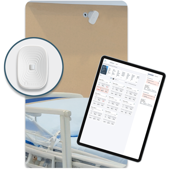 The Neteera sensor mounted over a patient's bed measures vital signs and sends the data to the HealthGate dashboard on a tablet.