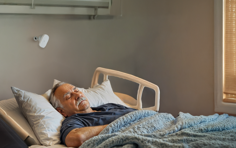Male patient sleeps undisturbed as the Neteera contactless monitoring sensor tracks his vital signs