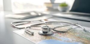 stethoscope laying on top of a roadmap next to a computer.