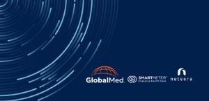 GlobalMed, Smart Meter, and Neteera logos on a dark blue background with decorative circles