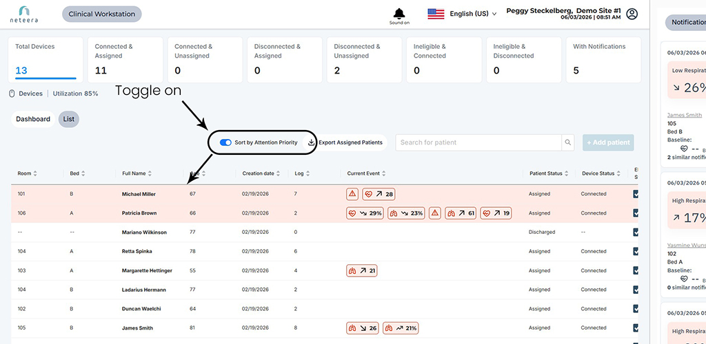 Patients with active Attention Notifications can be sorted to the top of the List View by enabling the toggle.