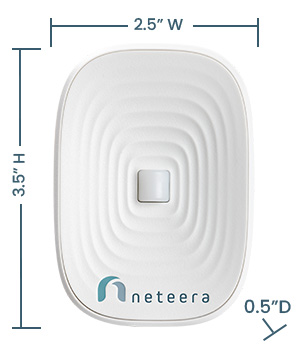 The Neteera device is unobtrusive, measuring 2.4 inches wide and 3.5 inches high, comparable to a deck of playing cards