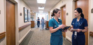 Two nurses in a long-term care facility doing a shift handoff review