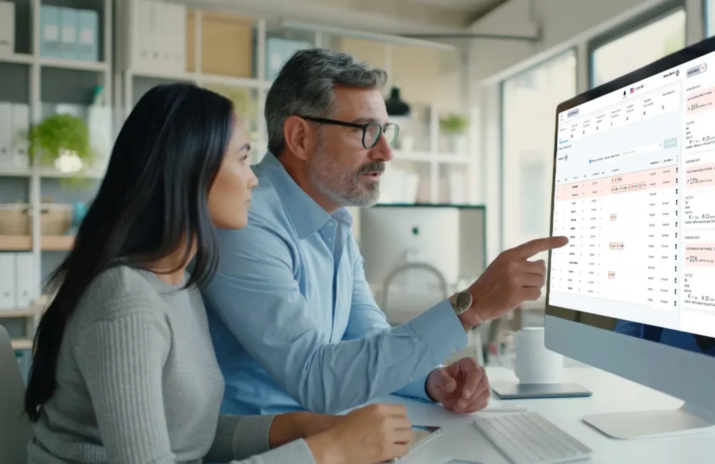 Male ACO administrator and female ACO care manager review patient notifications on the Neteera HealthGate dashboard.