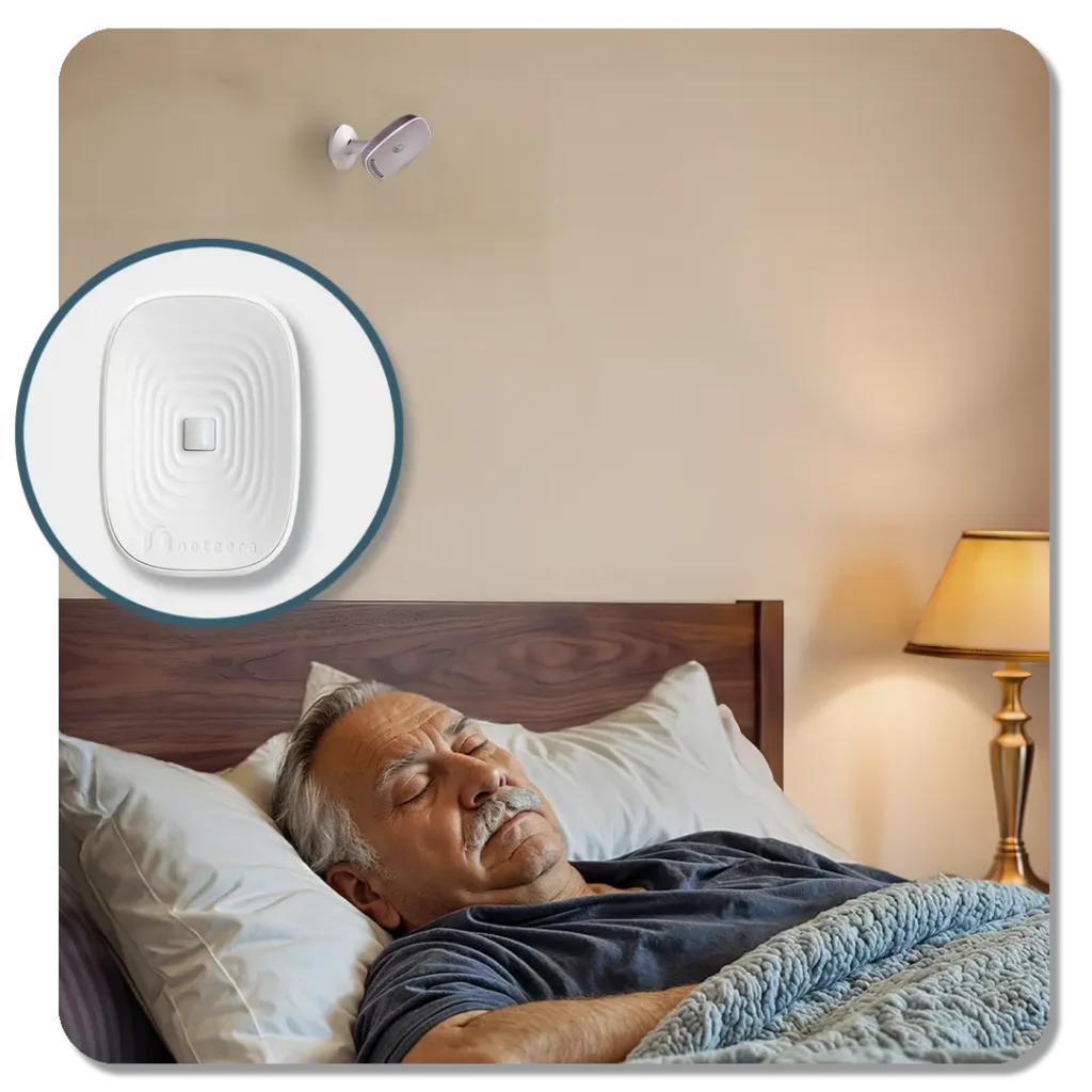 A man sleeps peacefully in his bed at the assisted living facility as the discreet Neteera sensor mounted over his bed measures his vital signs.